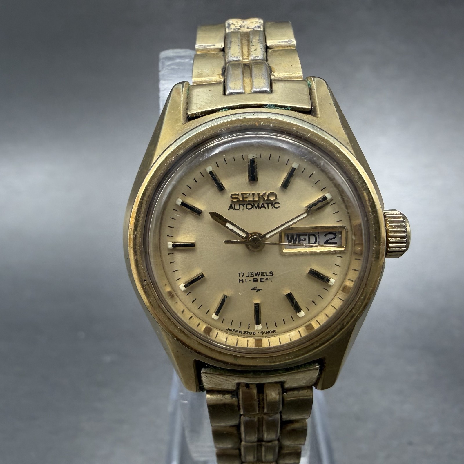 Seiko Automatic Watch Women 24mm Champagne Dial Gold Tone Daydate 2206-0111 Runs