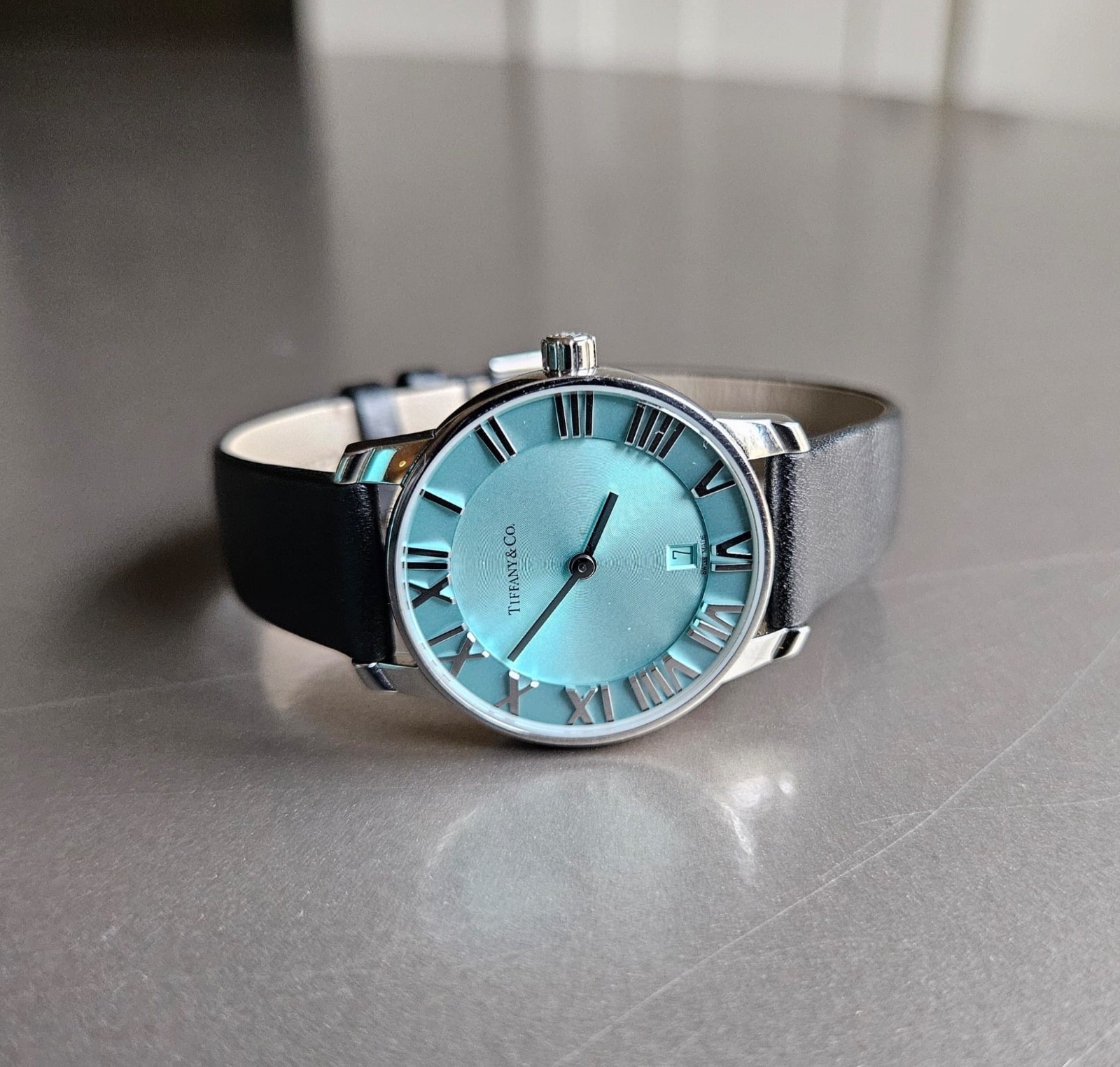 Tiffany Atlas Tiffany Blue Date with Black Leather Strap & Box; Gorgeous; 29mm