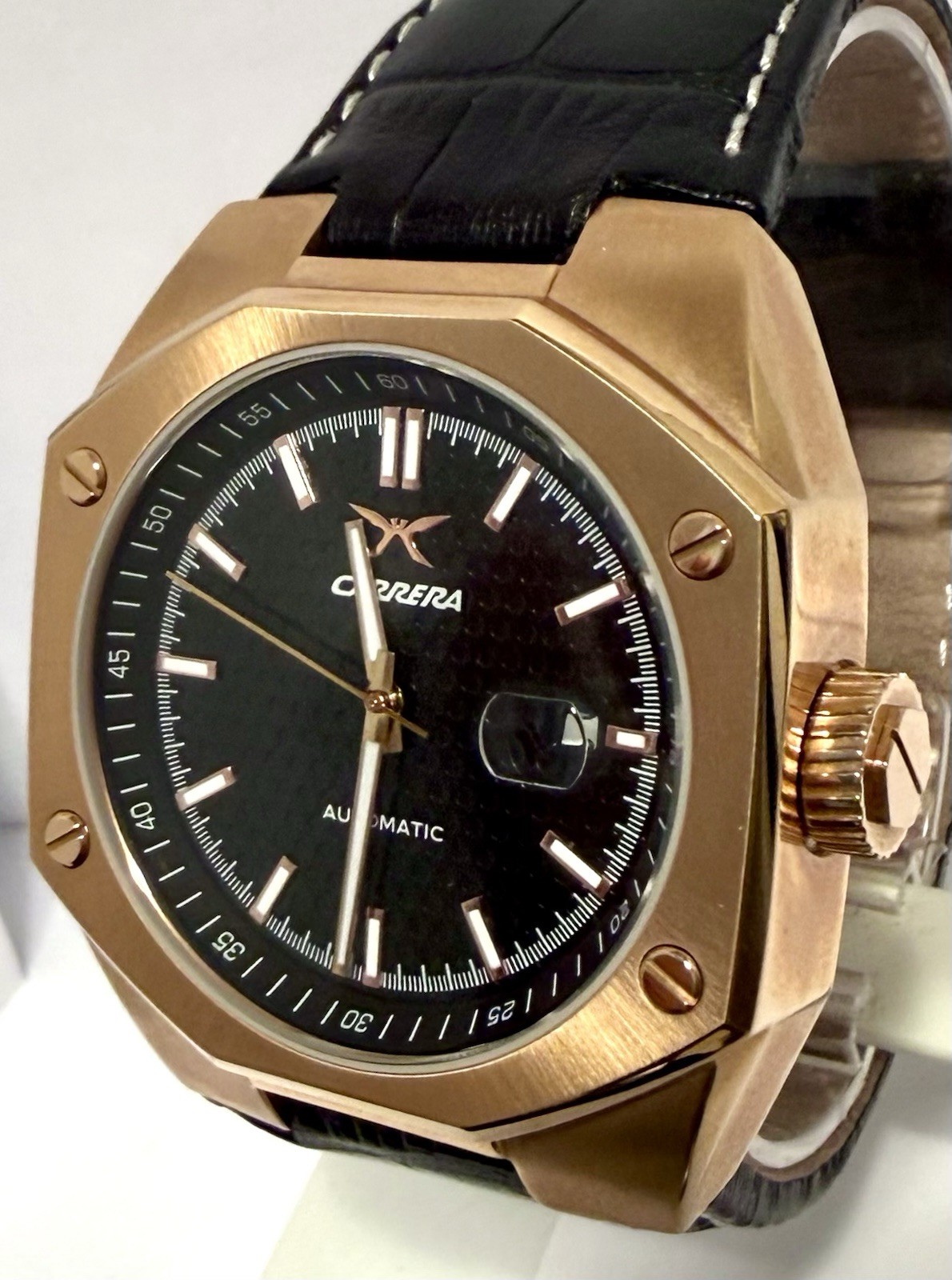 43mm Auto | Rosetone Octagonal Bezel | Black Dial & Leather Strap CARERA Watch