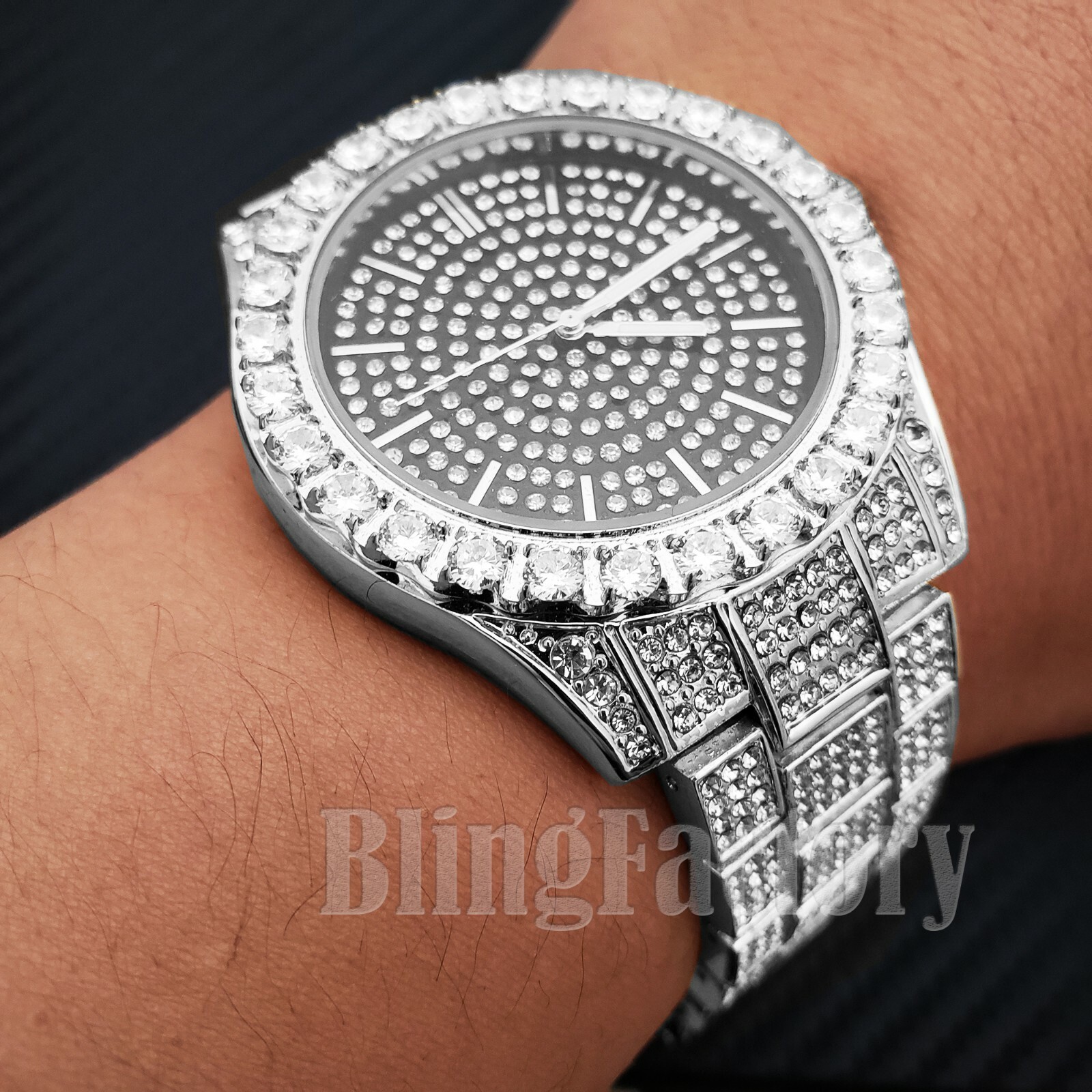 Men’s Hip Hop Full Iced Bling Silver PT Lil Pump Lab Diamond Metal Band Watch