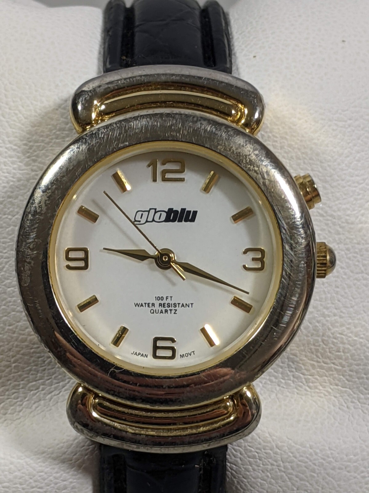Glo Blue White Dial Round Gold Tone Case 38 mm Black Band Watch