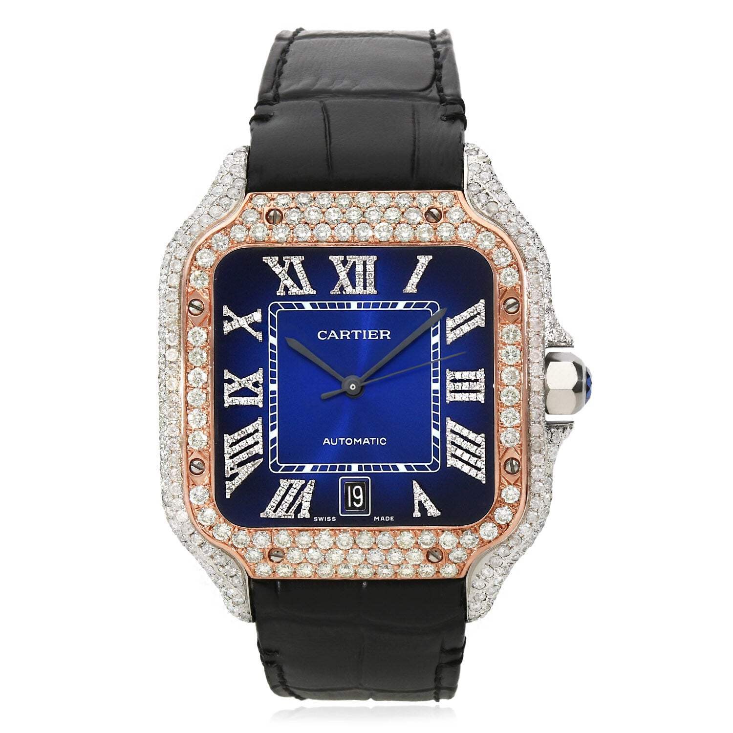 NEW 3.50TCW Natural Diamond Cartier Santos 40mm Pave Roman Blue Dial Men’s Watch