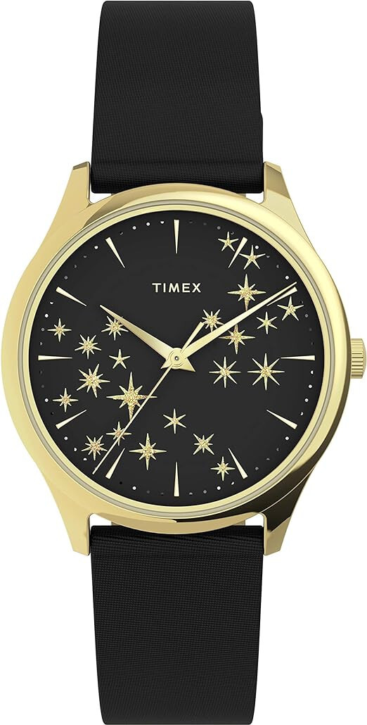 Timex Women’s Starstruck 32mm Watch Gold-Tone Case Indiglo Black Leather Band