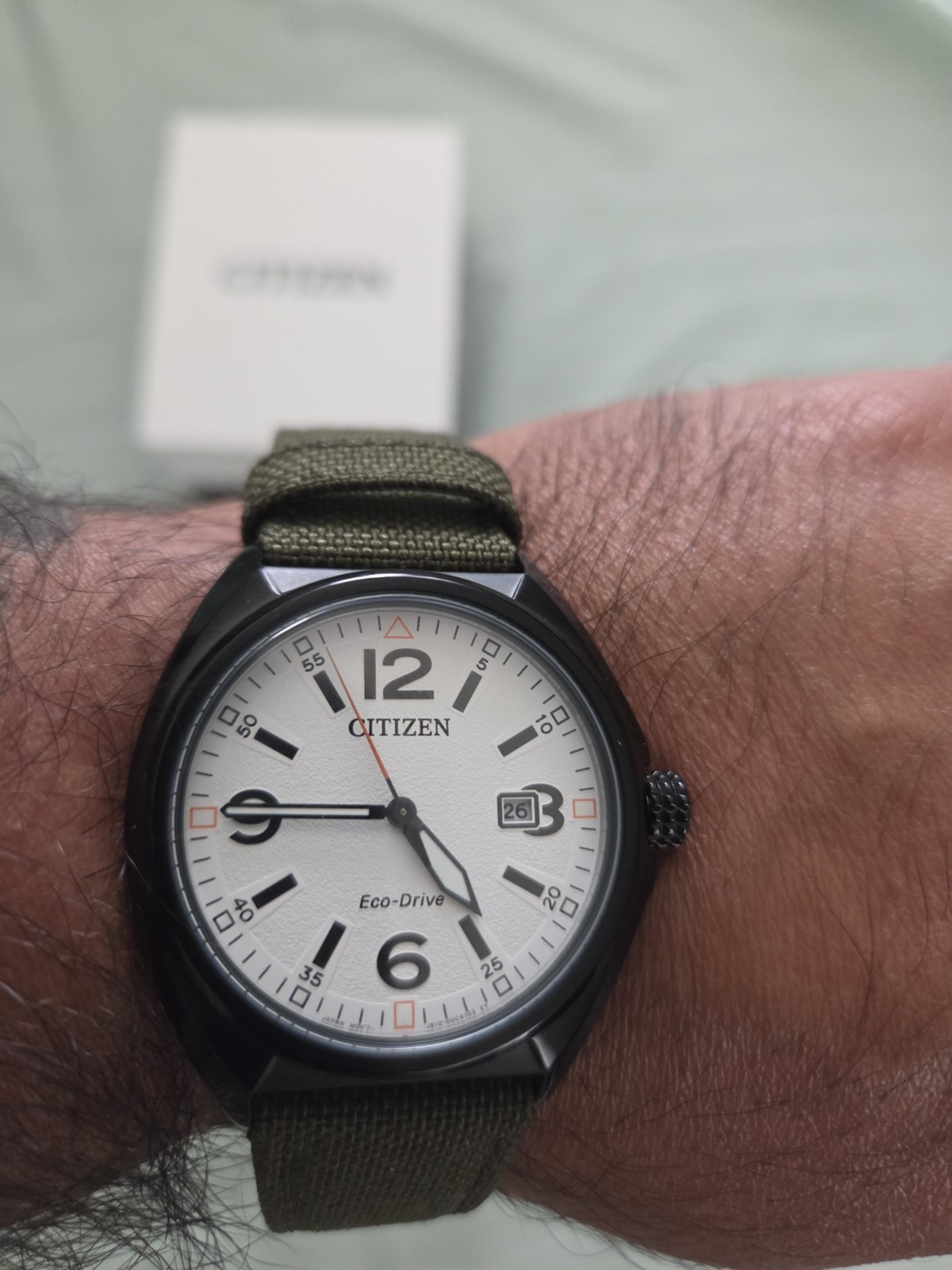 Citizen Eco-Drive Solar Date 42mm Black Case White Dial Green Canvas, Box