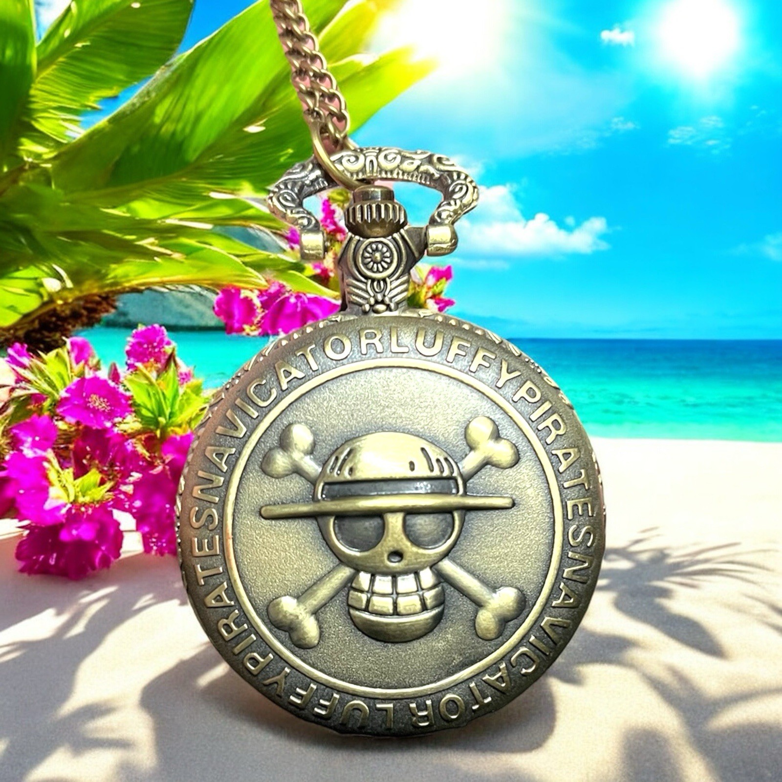 Bronze Pirate Skull Anime One Piece Quartz Pocket Watch & Fish Hook Bracelet