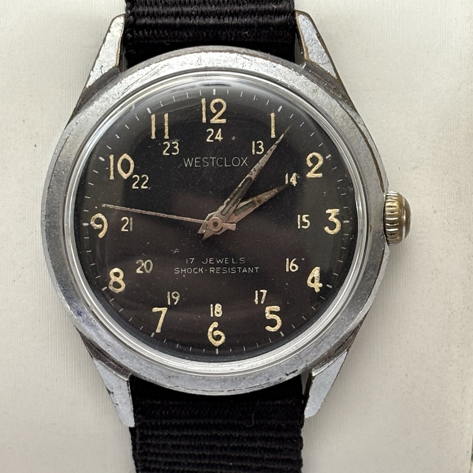 Vintage Westclox Mens Military Style Wrist Watch 24 Hour Black Dial 17 Jewel