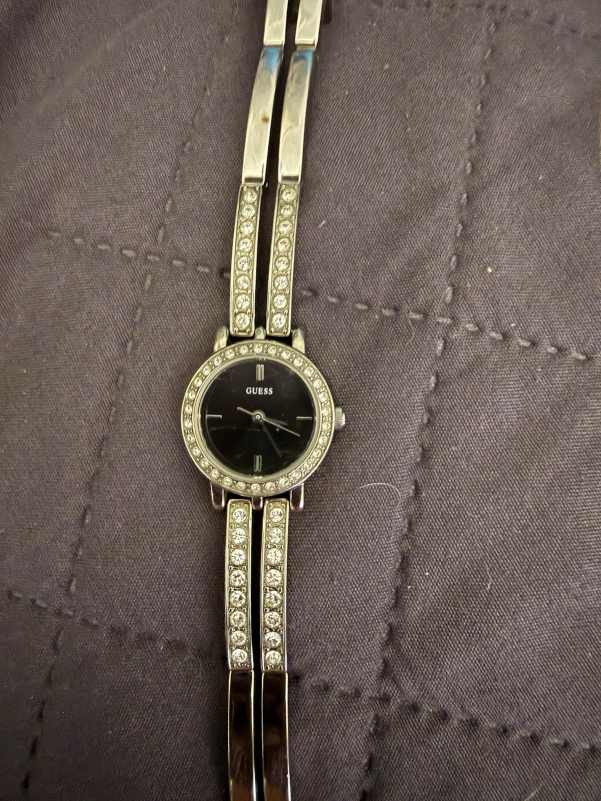 Guess G75823L Silver Tone Bangle Watch Black Dial Crystal Accent