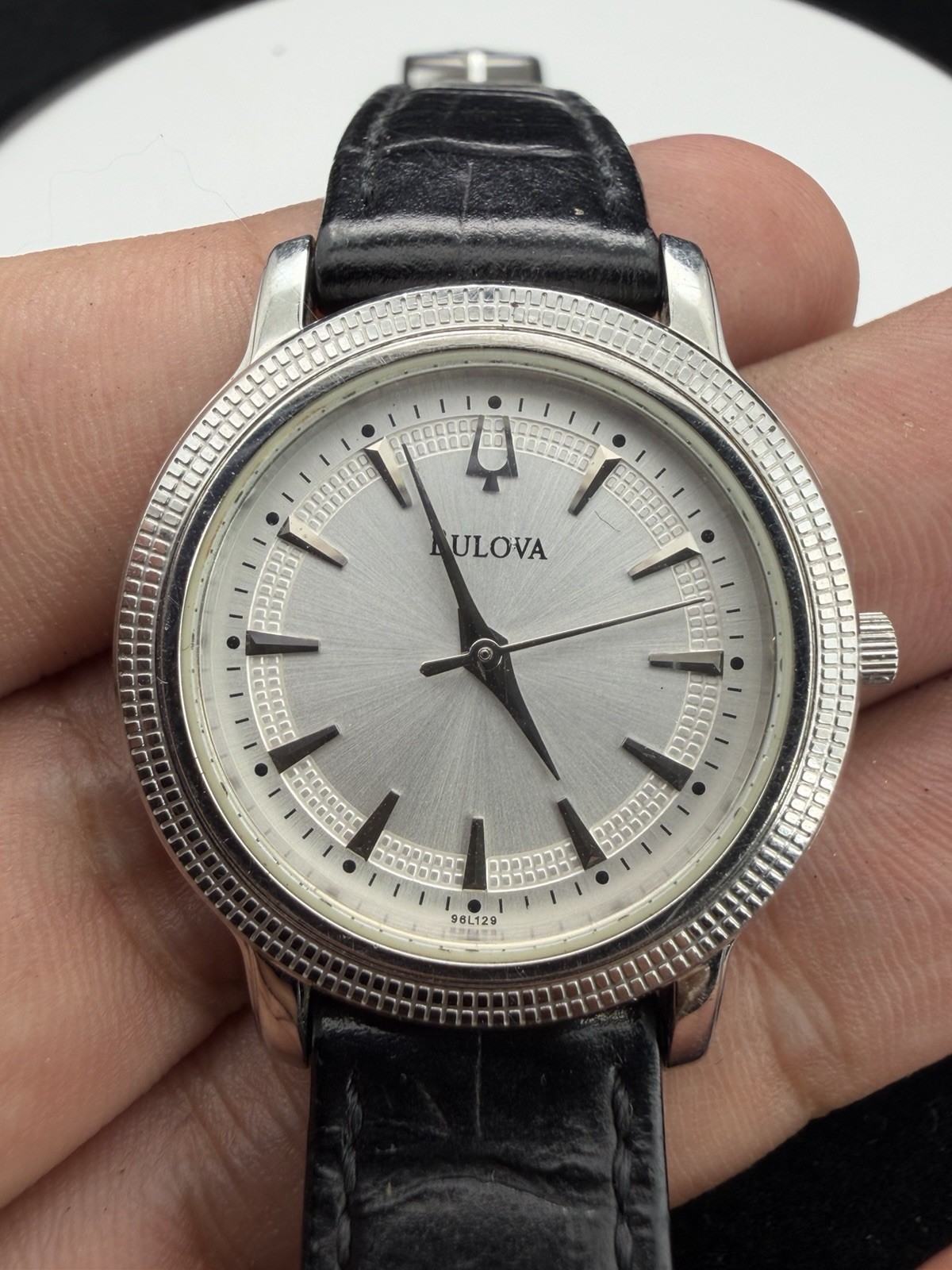 Bulova Metro Men’s Analog Watch Silver Dial Black Leather Band No Date