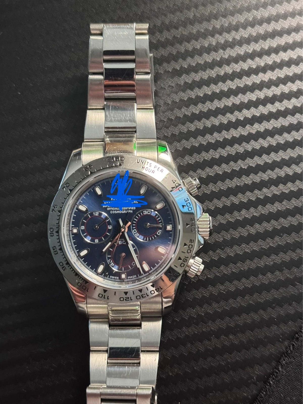 mens automatic chronograph watch blue dial Stainless steel