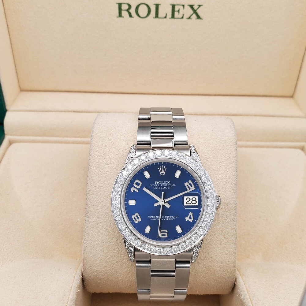 Rolex Datejust Midsize 31mm Blue Arabic Dial 2.1ct Diamond Oyster Watch