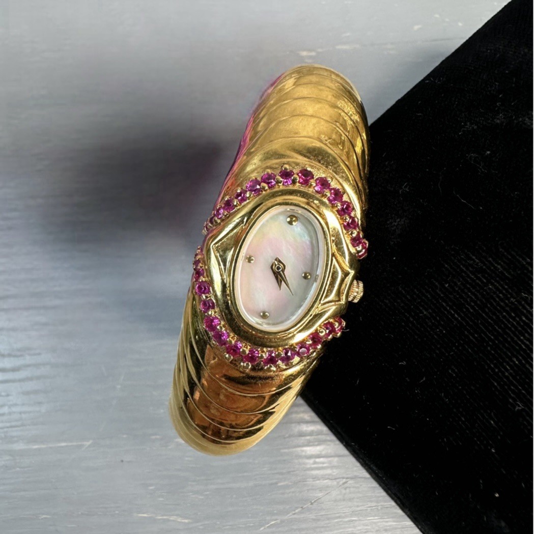 Franklin Mint 1990 Alfred Durante Cuff Watch Gold Ruby MOP Swiss