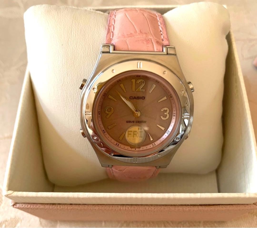 CASIO Wave Ceptor Solar Radio Watch Pink Leather Band Day Display – 8.5in
