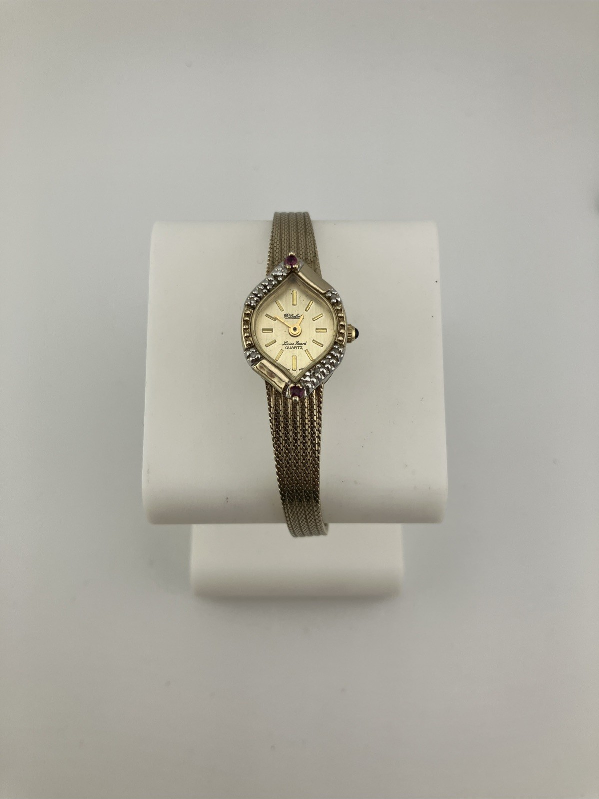Vtg Dufonte Ladies 16mm Watch Gold Tone Red Ruby & Diamond Bezel Adjustable-RUNS