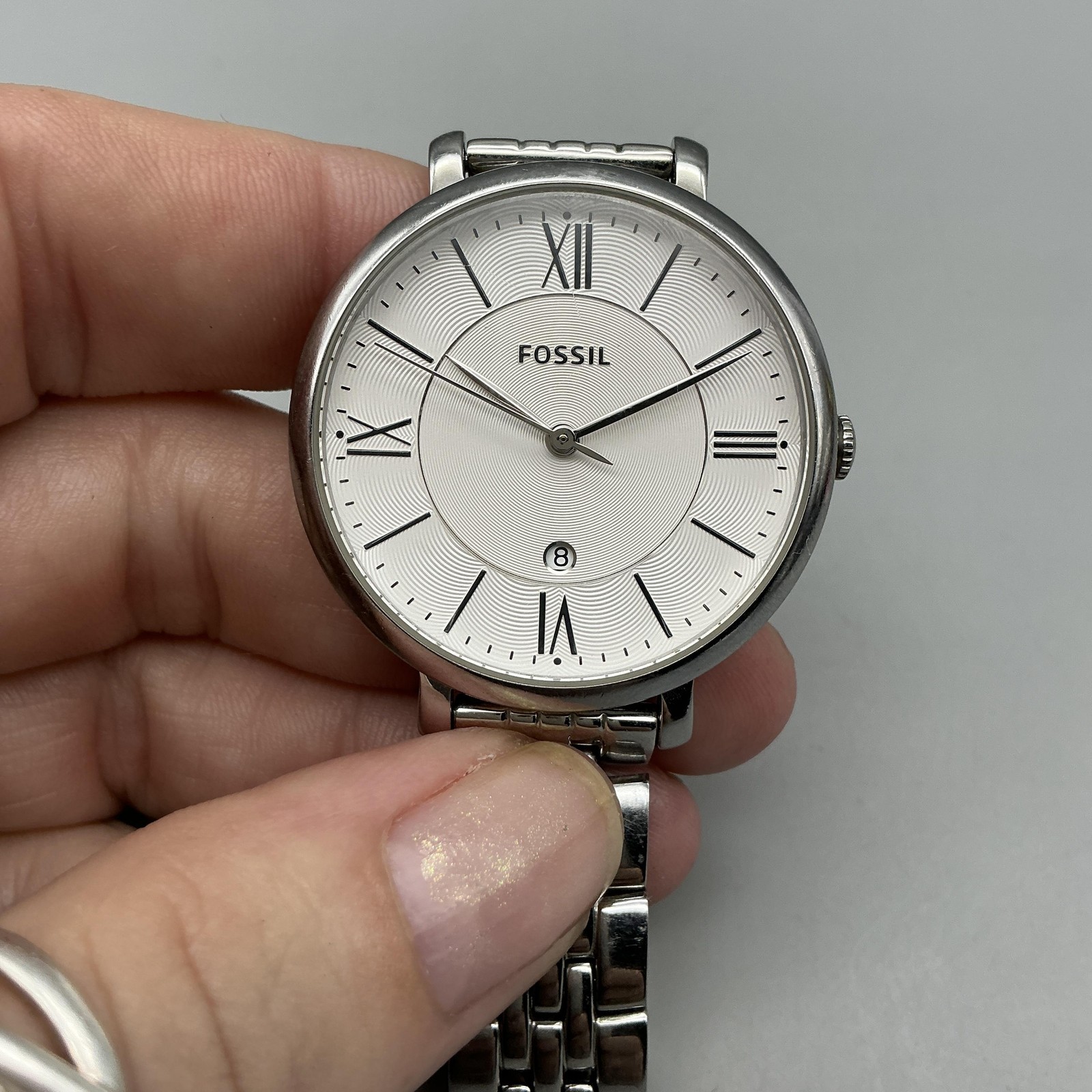 Fossil Womens Watch 36mm Silver Tone Date Stainless Bracelet New Battery 6.25″