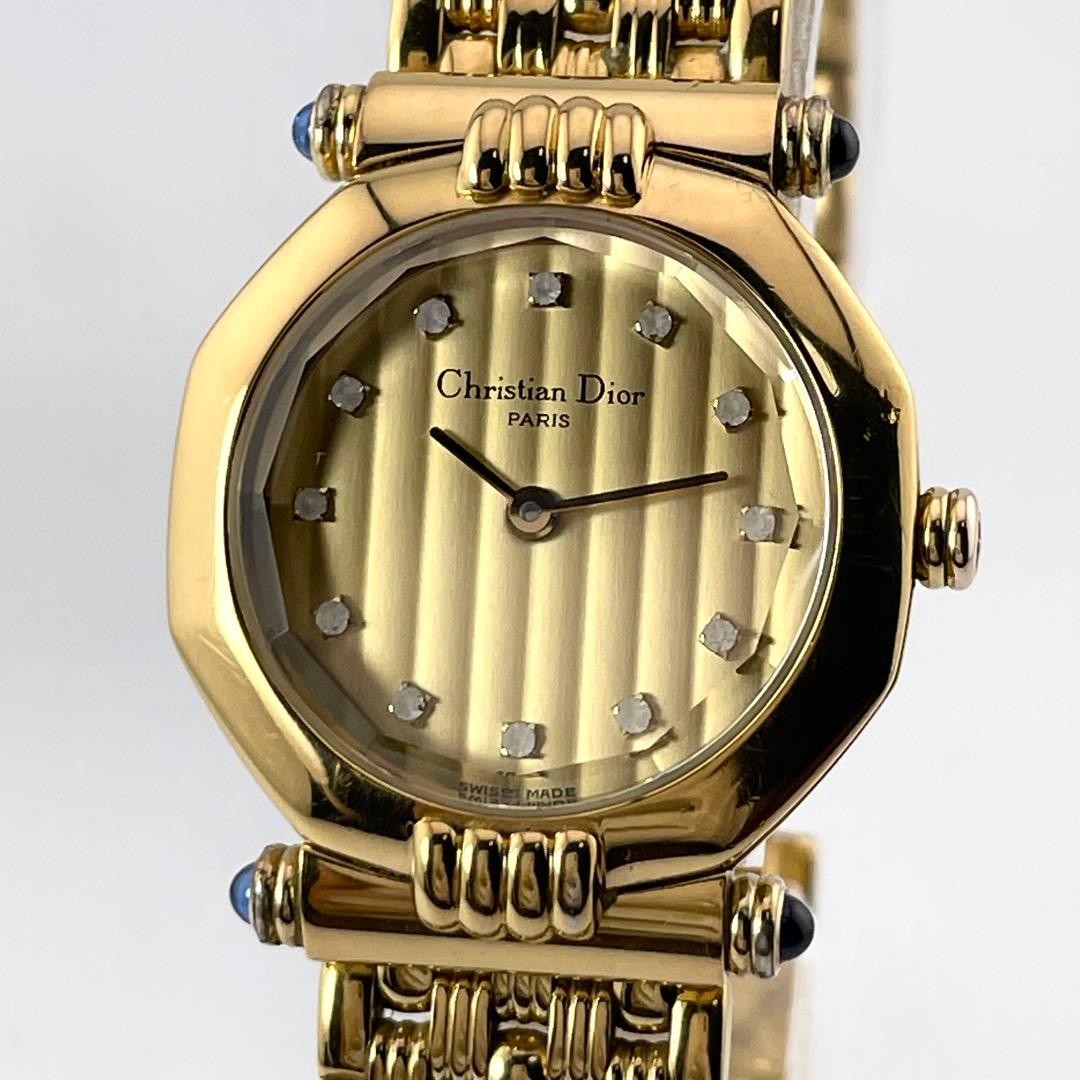 Christian Dior Octagon 12P Diamond Gold Quartz Watch Japan Vintage 0713141