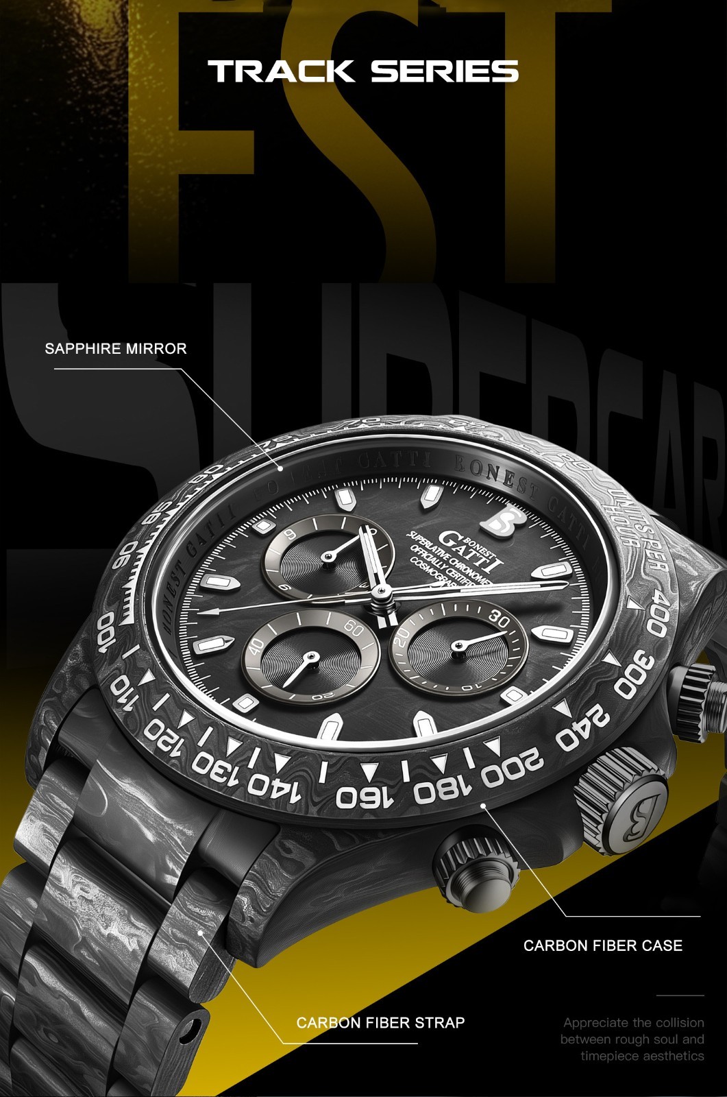 BONEST GATTI Men Chronograph Watch Automatic Mechanical Wristwatch Carbon Fiber