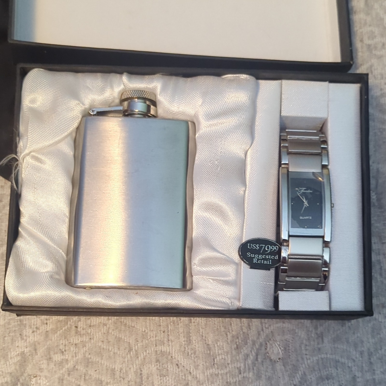 Fondini Collection Quartz Rectangular Black Dial Silver SS Bracelet Watch w/Box