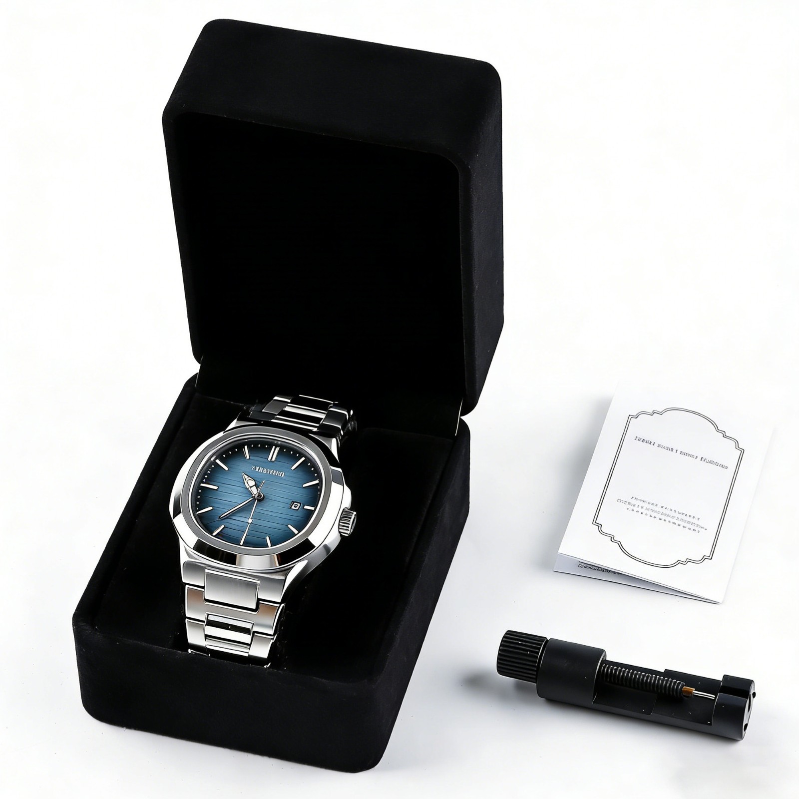 VORSEL Classic Men’s Square Quartz Watch Silver Steel Blue Dial Calendar Watches