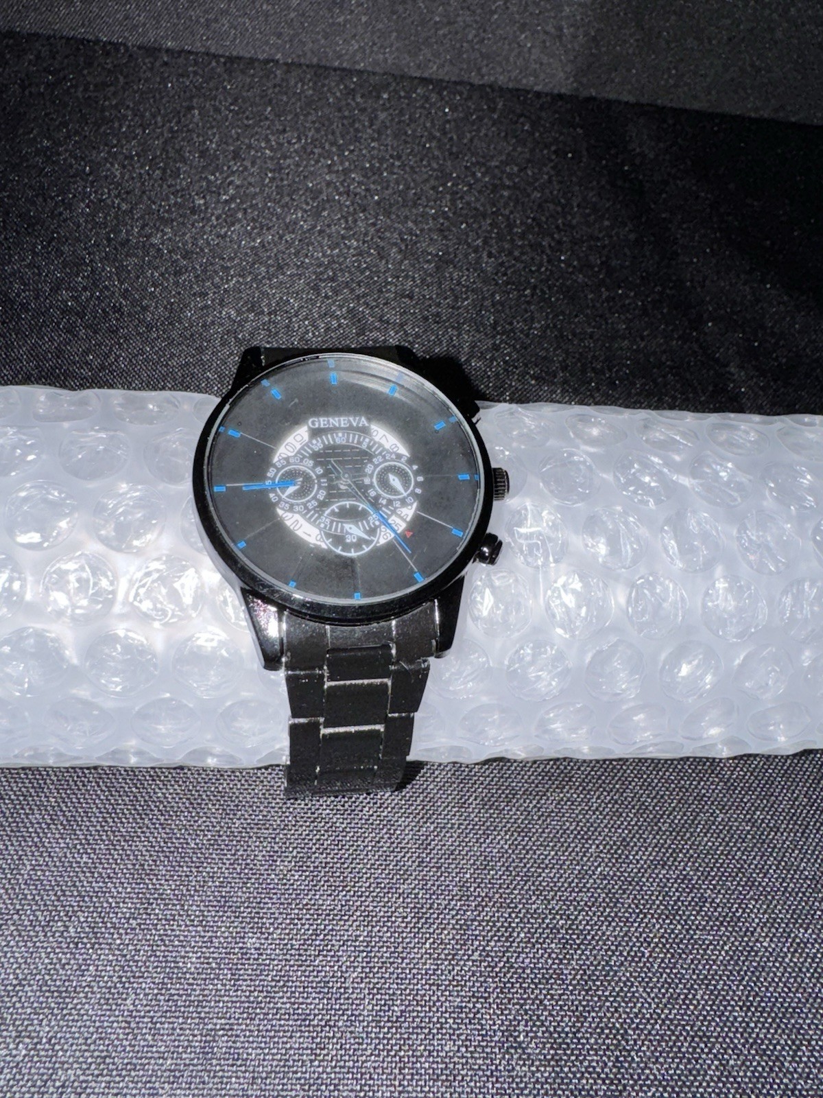 Free Shipping Geneva Black Stainless Steel Watch Blue Accent Dial