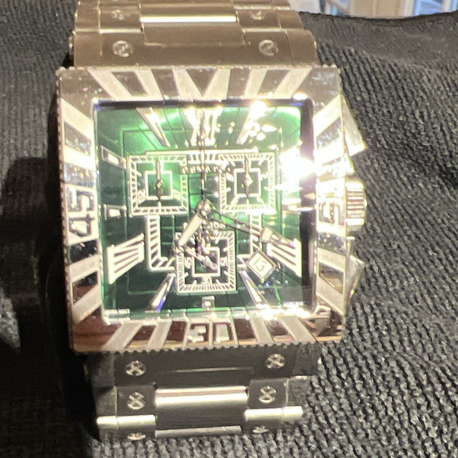 Renato Men’s Square Analog Chronograph Watch Green Dial Roman Silver Bracelet
