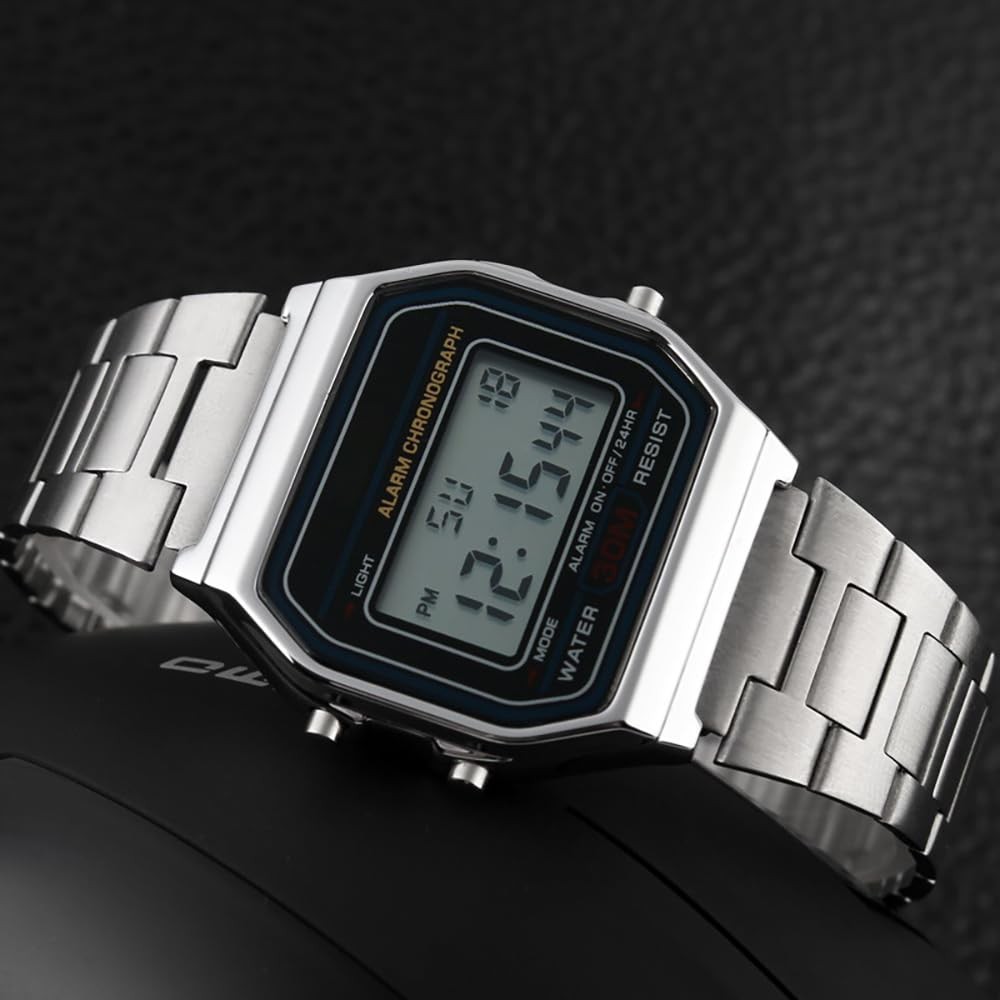 Men Lady Vintage Retro Gold Stainless Steel Digital Casual Watch Alarm Stopwa…