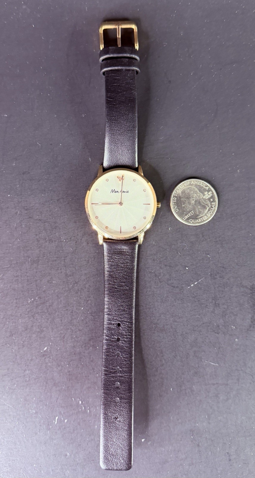 Mon Amie Womens 36mm Rose Gold Case NEW BATTERY White Dial Brown Lthr Strap 851