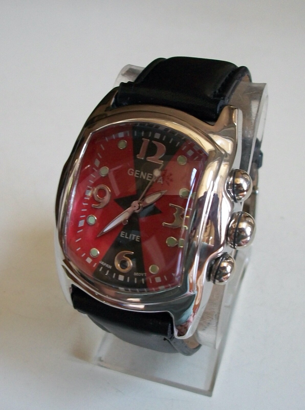 Men’s Silver Finish Red & Black, Leather Band Fashion Casual Hip Hop Watch