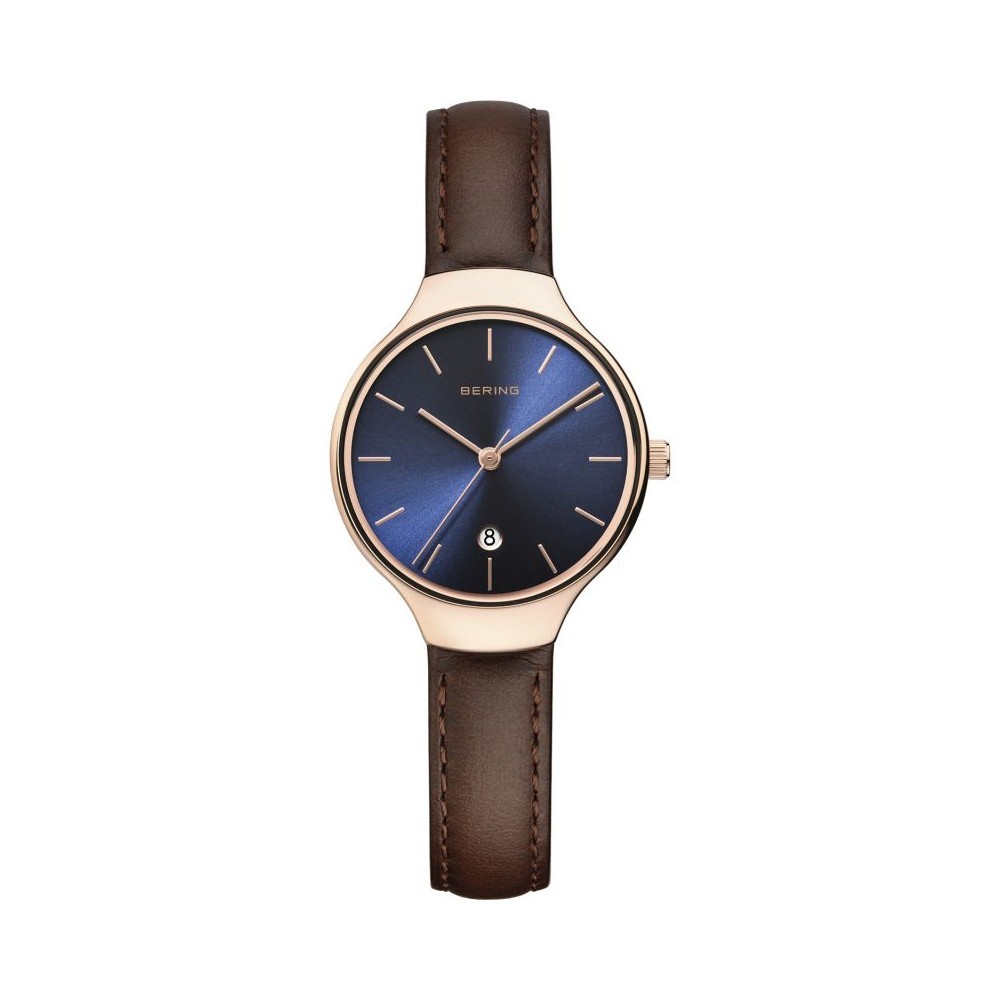 Bering Time Classic Rosegold Steel & Brown Leather Strap Womens Watch 13328-567