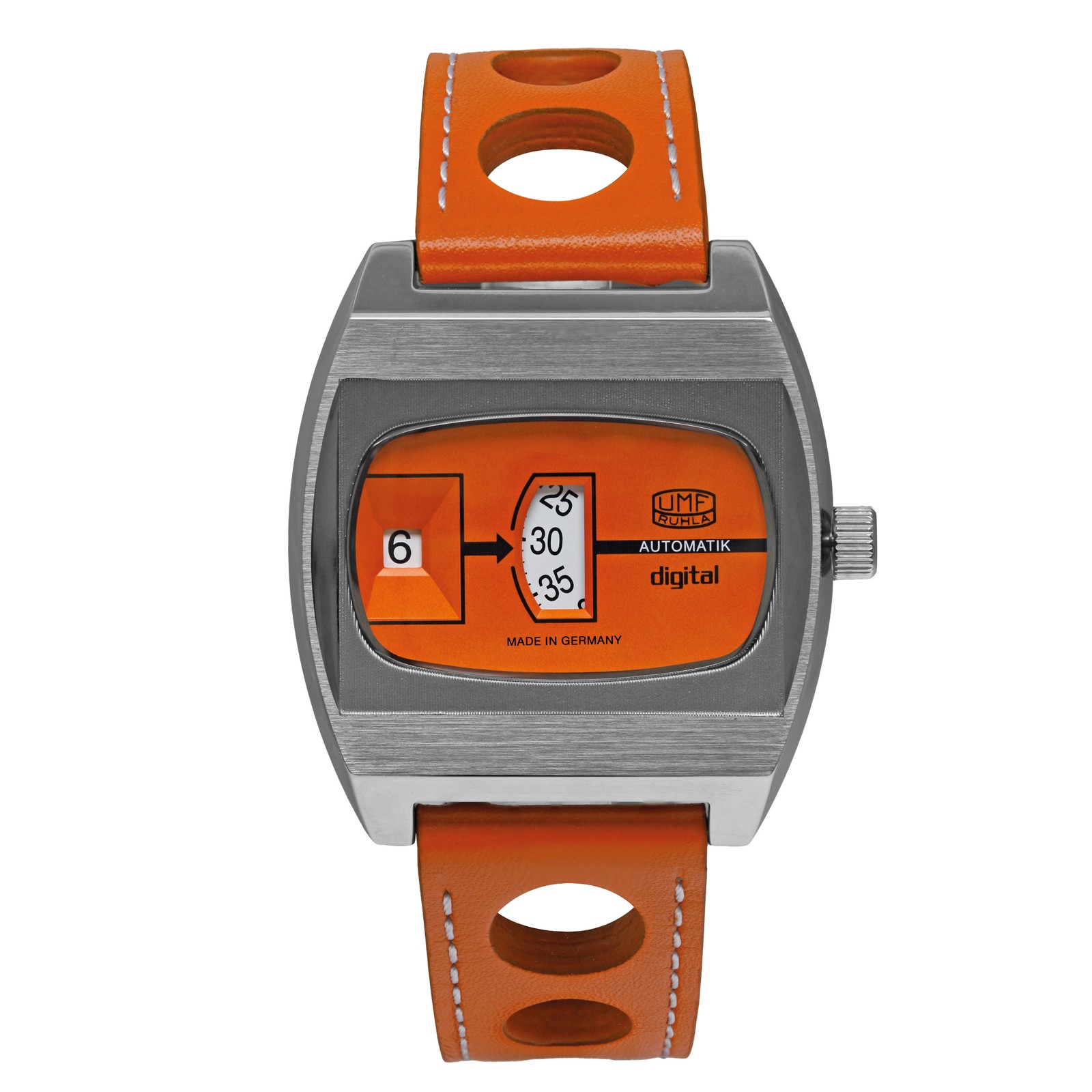Umf Ruhla 1434-4 Watch Scheibenuhr Automatic, Sapphire Glass, 1 5/8in, Orange