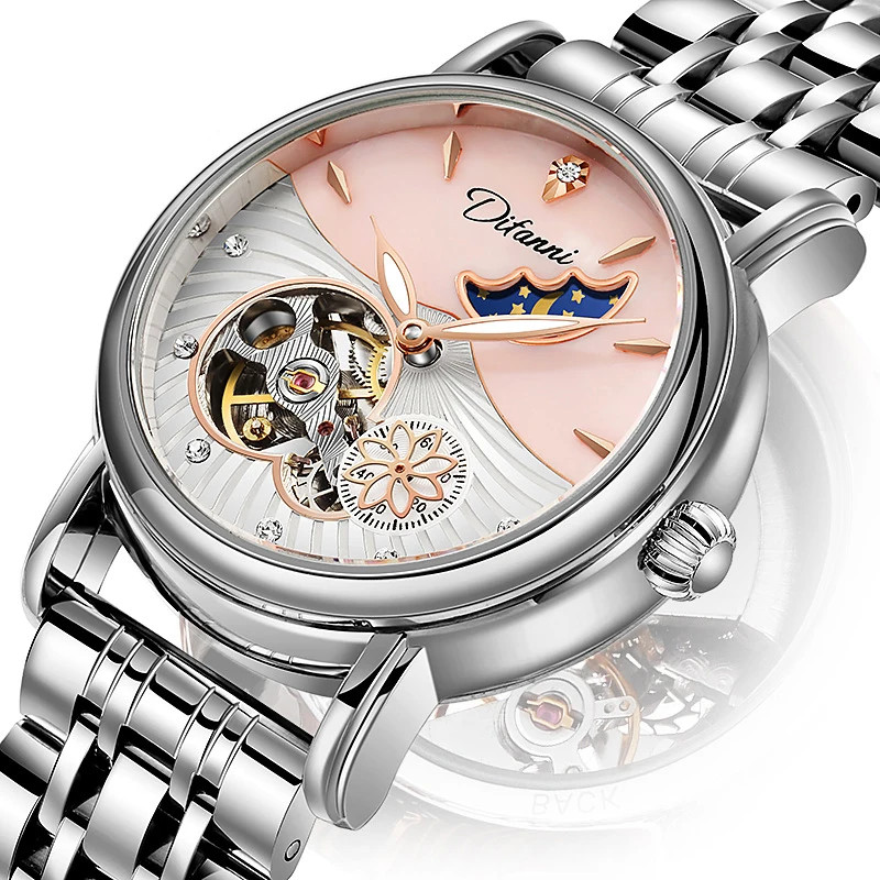 Women’s Automatic Flower Rotating Moonphase Watch Luxury Waterproof Luminous