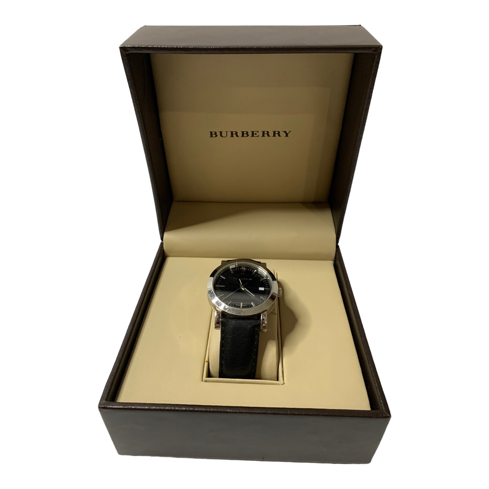 BURBERRY BU1354 50M/ 165 FEET Steel Quartz Black Dial Heritage Band Watch 30456