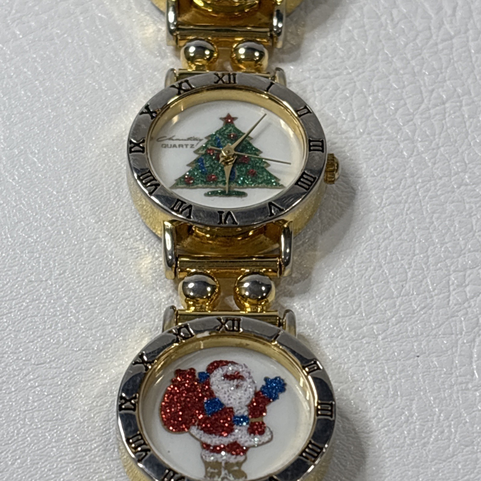 Christmas Santa Tree Watch 22mm Gold Tone Glitter New Battery Chantilly