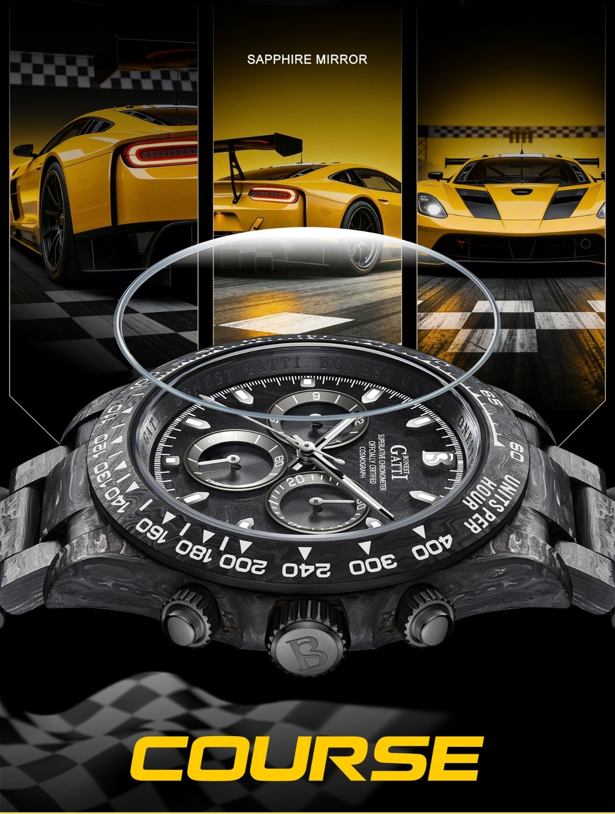 BONEST GATTI Men Chronograph Watch Automatic Mechanical Wristwatch Carbon Fiber
