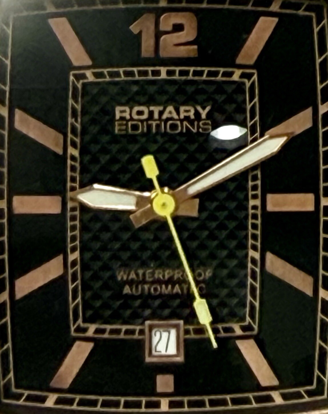 Auto ROTARY Series 200 Rosetone Rectangle Black Dial & Strap Mens Watch