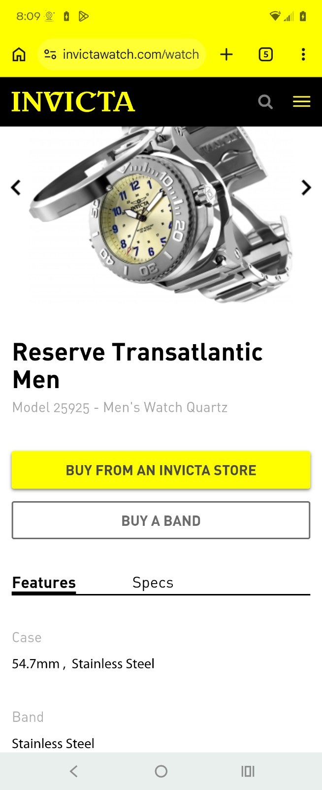 Invicta Reserve Transatlantic Men’s Quartz Chronograph Tachymeter SS Watch