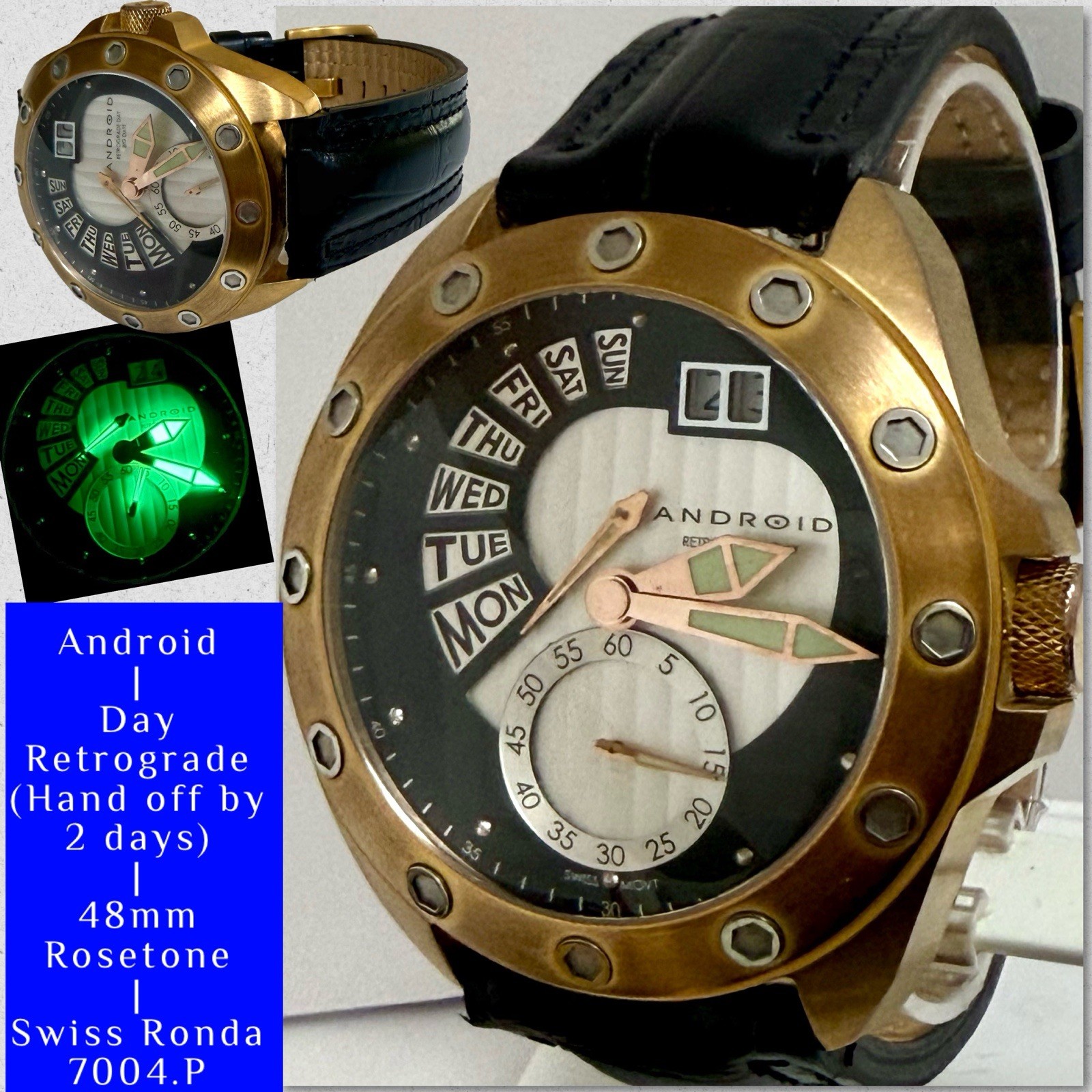 48mm Big Date, Day Retrograde | Swiss 7004.P| B & W Dial| Rosetone ANDROID Watch