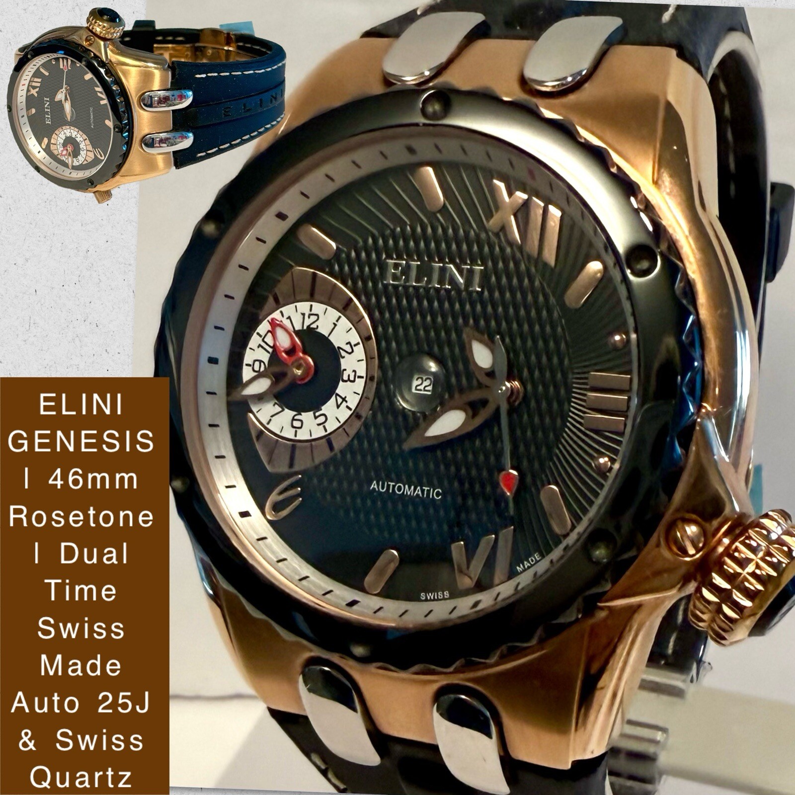 46mm DUAL TIME Swiss Made Auto 25J & Qtz Black/Rosetone ELINI GENESIS Mens Watch