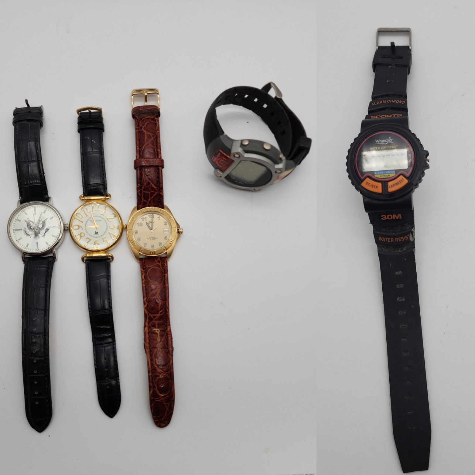 lot of 5 leather and rubber band Watches for Parts Or repair
