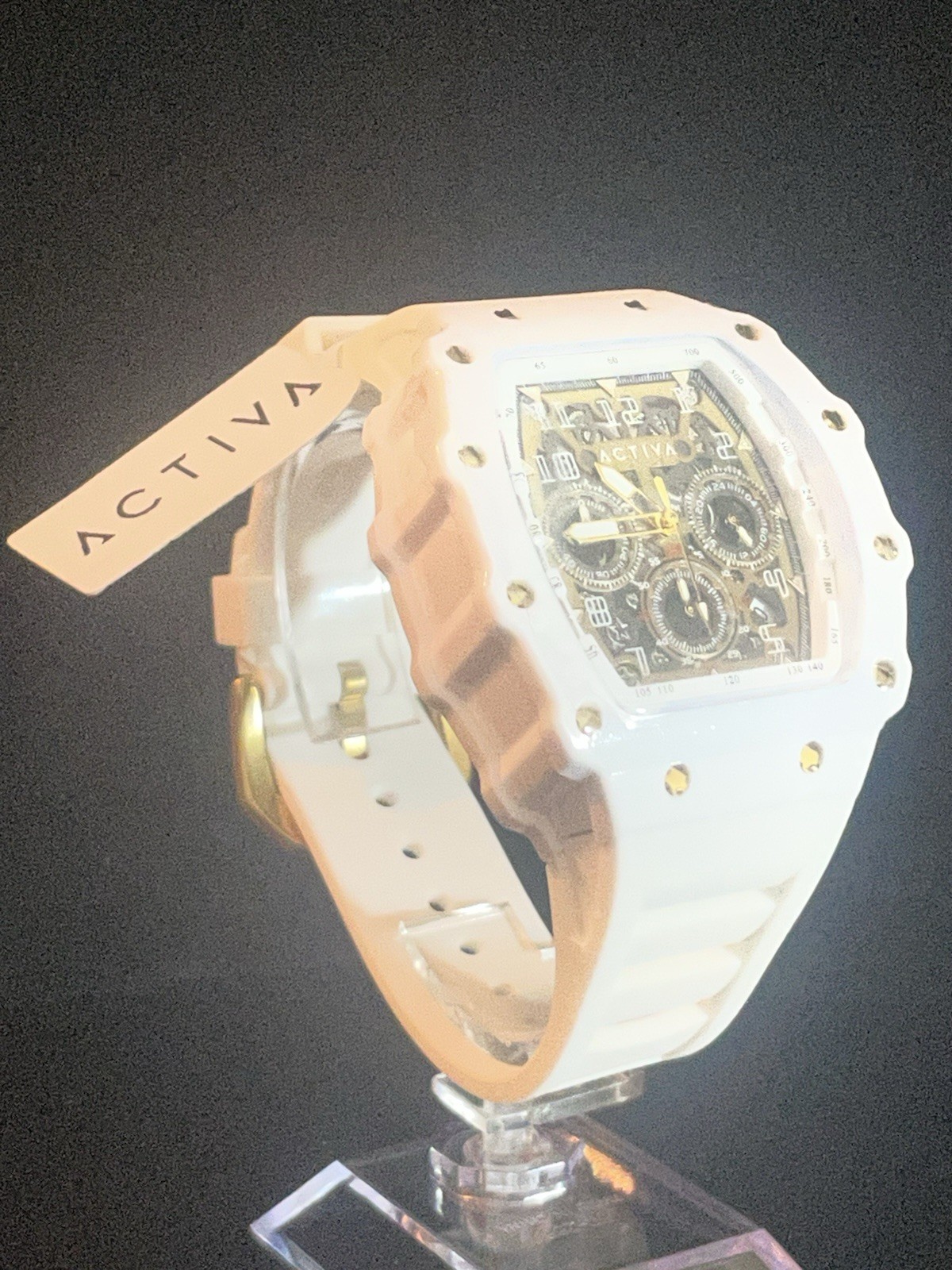 Activa Chronograph White Silicone Strap Skeleton Dial Date Watch 43mm – New