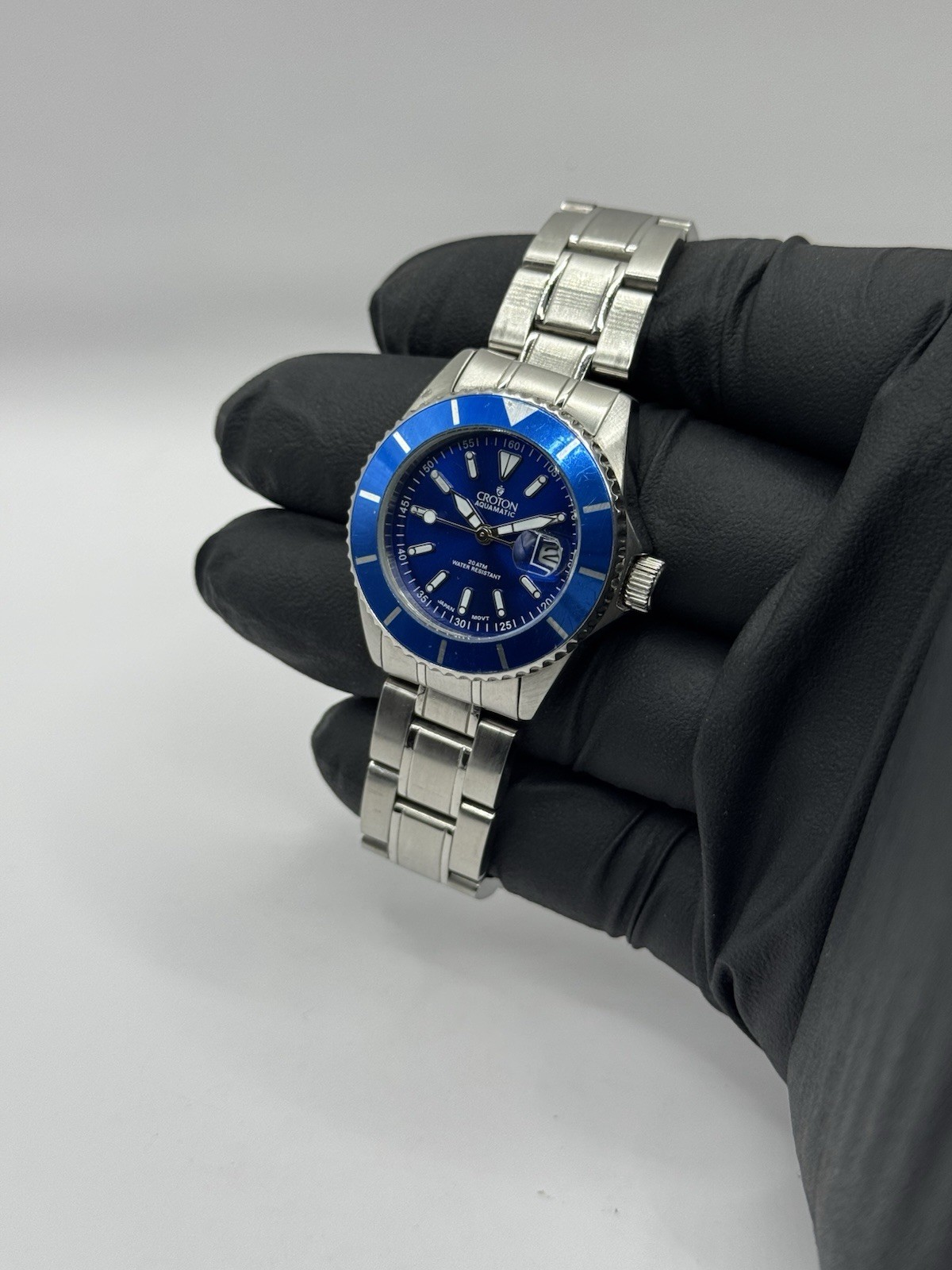 Croton Aquamatic Date Diver Watch Blue Dial w/ Rotating Bezel SS Bracelet