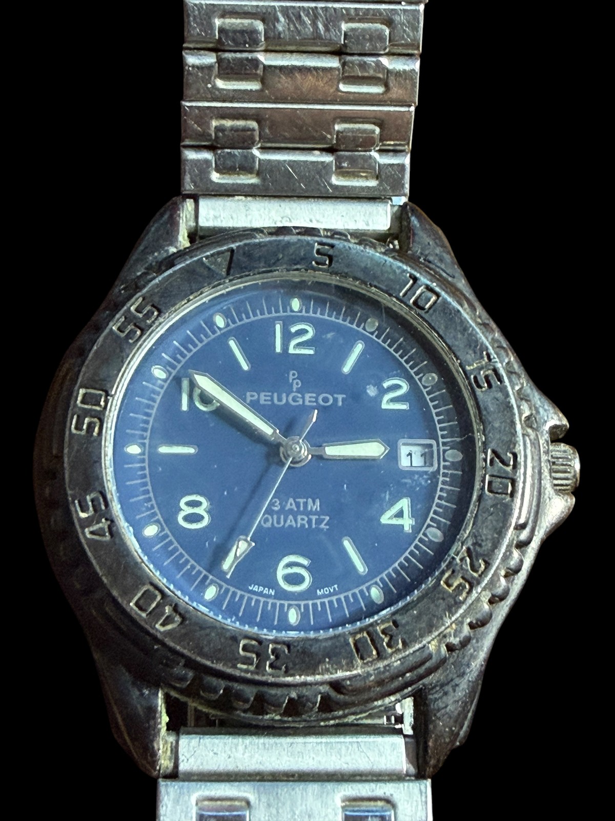 Peugeot 3 ATM Quartz Watch Men’s Blue Dial Stainless Steel Bracelet Diver Style