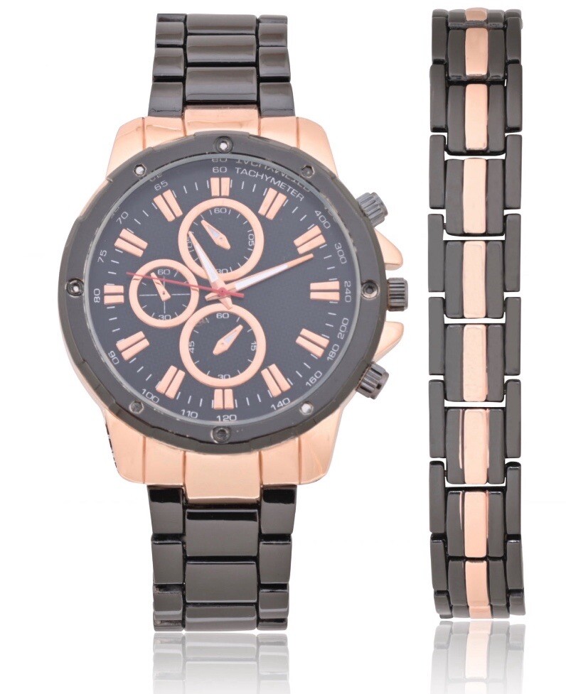 GEORGE Men’s Two-tone Black and Gold Watch Set, 2 Piece Watch and Bracelet Set