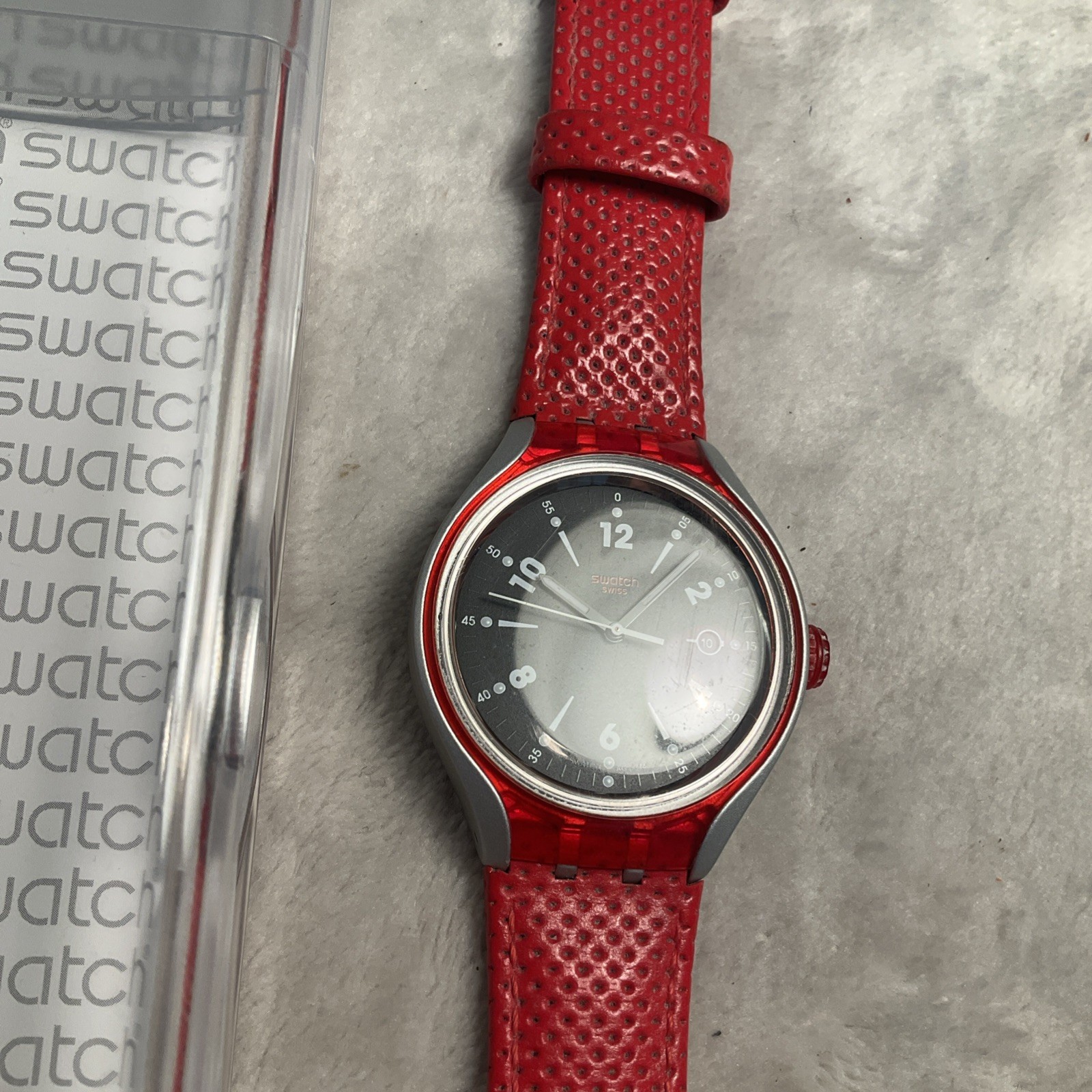 New Swatch Irony GO JUMP X-lite Aluminum Red Leather Men’s Watch YES4001 Works!