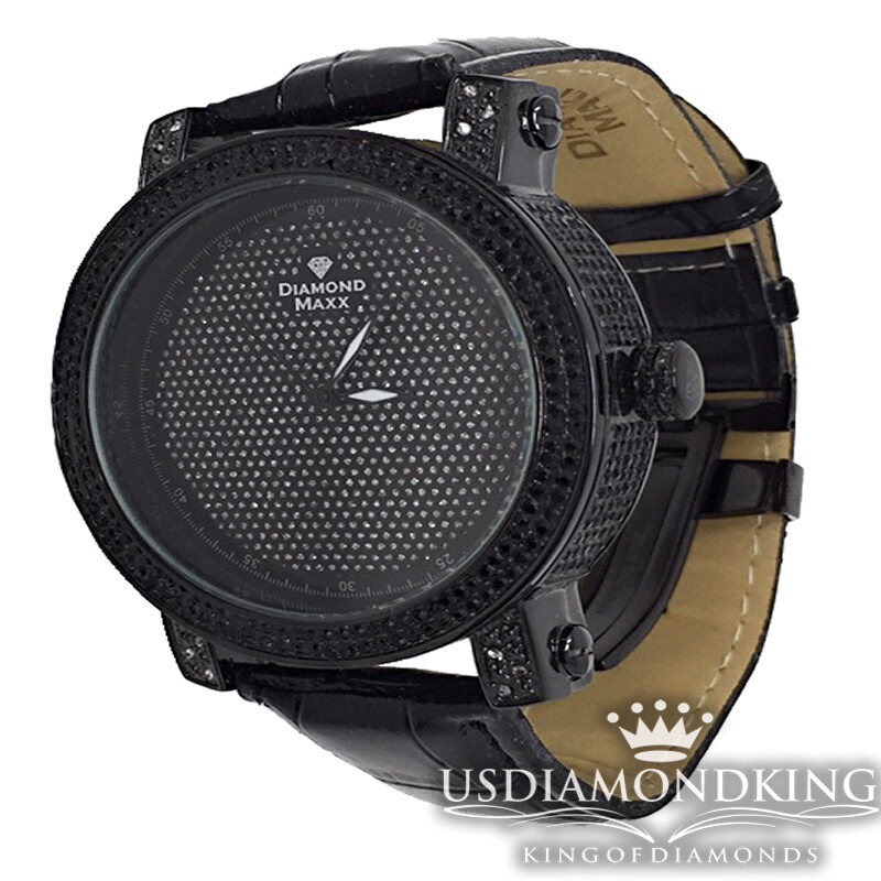 Men’s All Black Celebrity Style Micro Pave Genuine .12ctw Diamond Watch