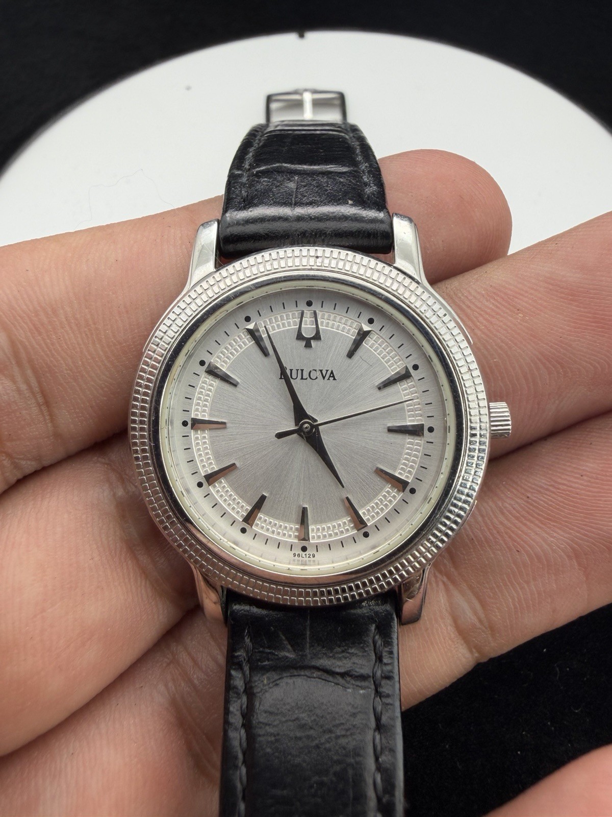 Bulova Metro Men’s Analog Watch Silver Dial Black Leather Band No Date