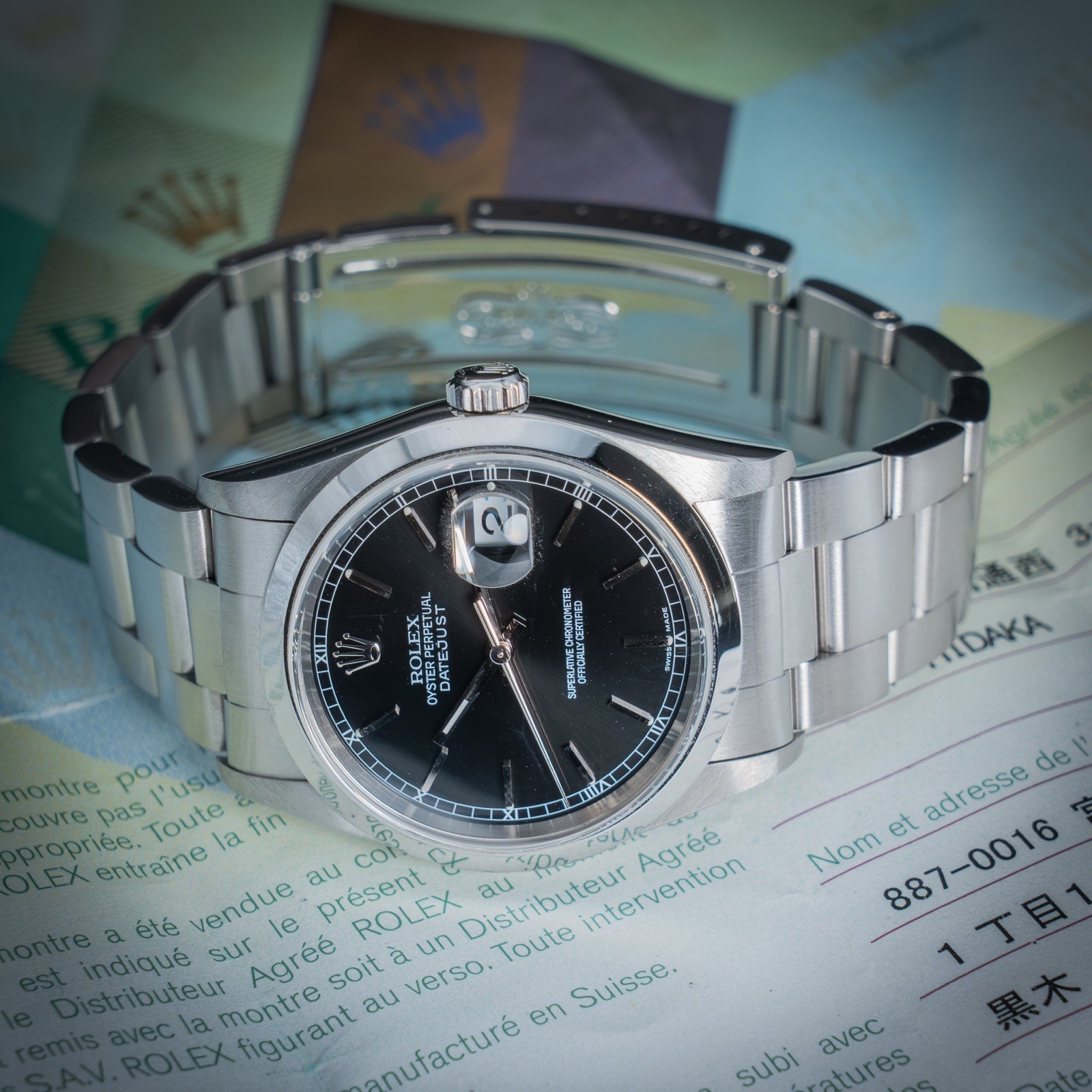 Rolex Date Just ref. 16200 Steel Quadr. Black Box and Warranty