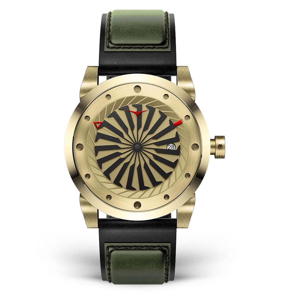 Zinvo Gold Automatic Turbine Steel Black Gold Green Sapphire Leather Men’s Watch
