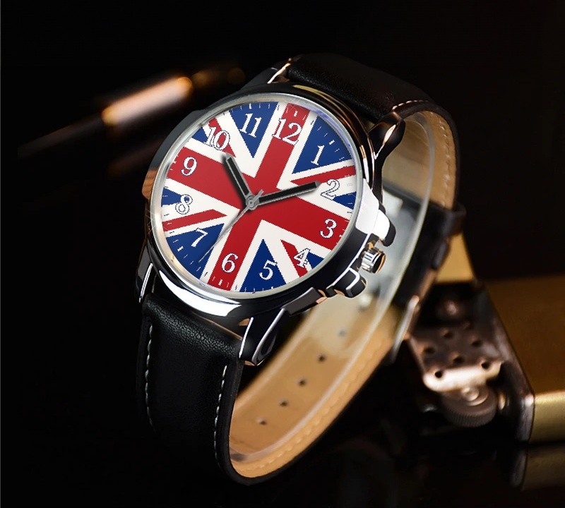 Union Jack Flag Of United Kingdom Leather Strap Big Dial Wrist Watch