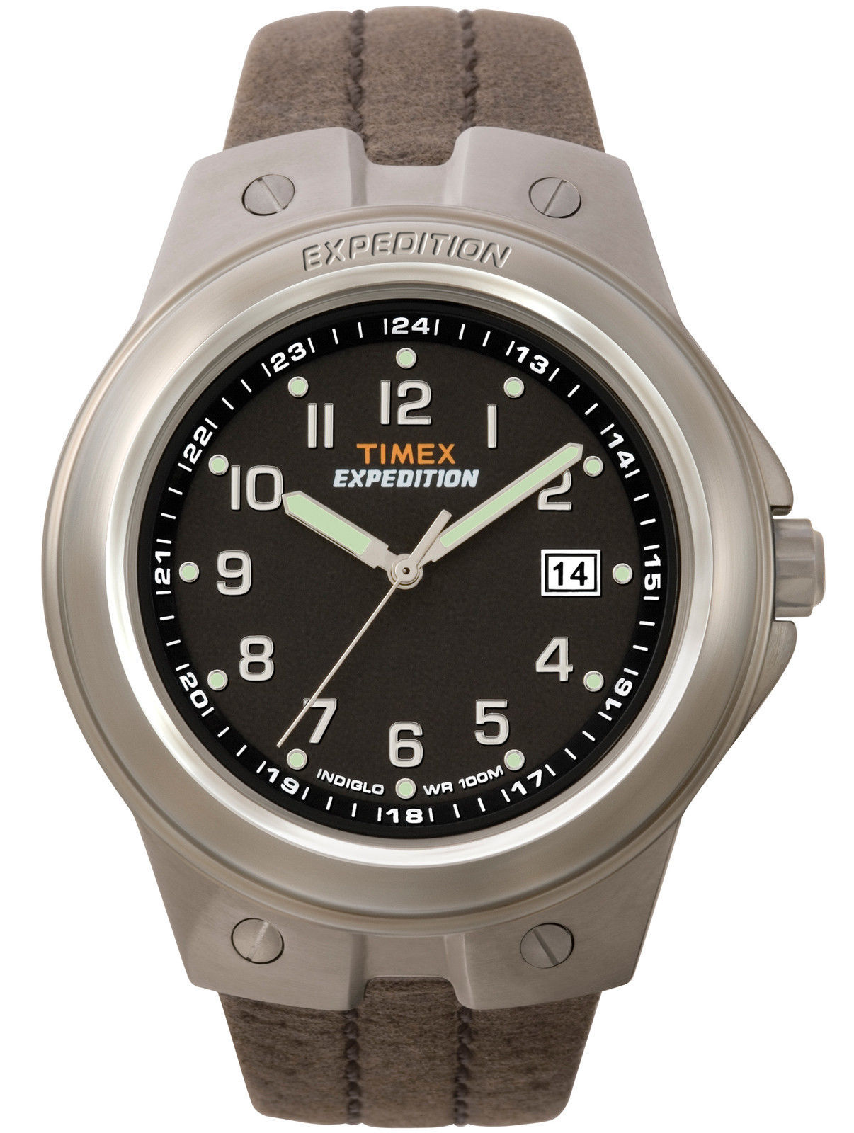 Timex T49631, “Expedition” Brown Leather Watch, Indiglo, Date, 100 Meter WR, NEW