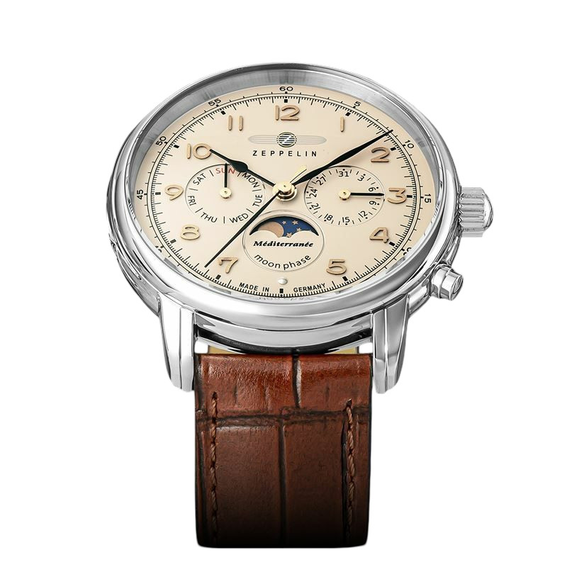 Zeppelin Moonphase Men’s Watch Beige Dial 9636-5 Leather Band Day Date